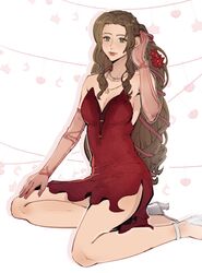  aerith_gainsborough aerith_gainsborough_(red_dress) alternate_gloves alternate_skirt_length bare_shoulders breasts cleavage dress female final_fantasy final_fantasy_vii final_fantasy_vii_remake flamenco_dress flower green_eyes hair_flower hair_ornament hair_ribbon hand_in_own_hair hand_on_own_leg high_heels highres jewelry kneeling long_hair looking_at_viewer medium_breasts necklace official_alternate_costume parted_bangs pink_ribbon ponytail pudelmudel red_dress red_flower ribbon see-through see-through_sleeves short_dress sidelocks solo star_(symbol) star_necklace strapless strapless_dress wavy_hair white_footwear 