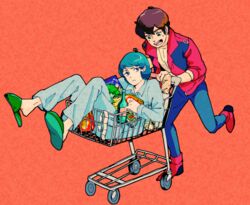  2boys bag blue_eyes blue_hair boots brown_hair food green_eyes groceries gundam gundam_zz in_shopping_cart jacket judau_ashta kamille_bidan multiple_boys pajamas shopping_bag shopping_cart short_hair slippers smile ume-bayashi 