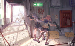  2girls aiming animal_ears assault_rifle belt_pouch black_legwear bow commentary_request emergency_exit exit_sign from_behind full_body gun hair_ribbon hairbow highres liwendala long_hair m4_carbine multiple_girls original pink_hair pleated_skirt pouch ribbon rifle robot scenery school_uniform serafuku skirt tail thighhighs trigger_discipline twintails weapon white_hair wolf_ears wolf_girl wolf_tail zettai_ryouiki 