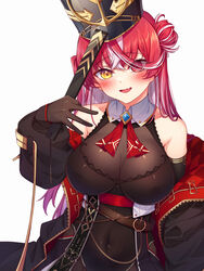  :d absurdres bare_shoulders black_jacket black_leotard blush bodystocking breasts brown_gloves cleavage colored_inner_hair crossed_bangs eyes_visible_through_hair female gloves grey_hair hair_between_eyes hair_bun hair_over_one_eye hand_up hat heterochromia highres holding hololive houshou_marine houshou_marine_(marching_band) jacket large_breasts leotard long_hair long_sleeves multicolored_hair official_alternate_hair_length official_alternate_hairstyle open_clothes open_jacket puffy_long_sleeves puffy_sleeves red_eyes red_hair see-through see-through_cleavage shako_cap simple_background single_side_bun smile solo streaked_hair tang-du upper_body very_long_hair virtual_youtuber white_background white_hair yellow_eyes 