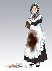  apron black_dress black_footwear black_hair black_sleeves broken broken_cup closed_mouth coffee dress embarrassed female flat_chest glasses gradient_background grey_background hat holding holding_tray long_sleeves maid maid_apron maid_headdress medium_hair mob_cap original pantyhose shattered solo stain stained_clothes standing suzushiro_(suzushiro333) sweatdrop tray v-shaped_eyebrows white_hat white_pantyhose 