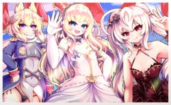  3girls alma_stella azur_lane black_panties blonde_hair blue_eyes breasts coat crown detached_collar dress elbow_gloves epaulettes evening_gown gloves gold_trim hair_ears hairband halterneck headgear highres lace-trimmed_hairband lace_trim layered_dress long_hair long_sleeves looking_at_viewer mini_crown multiple_girls official_alternate_costume open_mouth panties pantyshot purple_coat purple_eyes queen_elizabeth_(azur_lane) queen_elizabeth_(the_queen&#039;s_ball)_(azur_lane) red_dress red_eyes scarf sleeveless sleeveless_dress small_breasts strapless strapless_dress underwear valiant_(azur_lane) valiant_(queen_valiant_i)_(azur_lane) warspite_(azur_lane) white_dress white_gloves white_hair white_scarf 