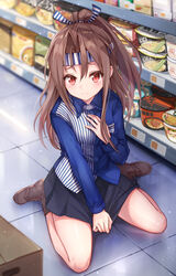  alternate_costume ankle_boots black_skirt blue_ribbon blue_shirt boots brown_footwear brown_hair commentary_request cup_ramen donbei_kitsune_udon donbei_tempura_soba employee_uniform female food hachimaki headband high_ponytail highres indoors instant_ramen instant_soba instant_udon japanese_clothes kantai_collection long_hair looking_at_viewer nissin_cup_noodle nissin_donbei noodles official_alternate_costume pack_noodles ponytail ramen red_eyes ribbon shin_ramyun shirt sitting skirt skirt_tug smile solo striped_clothes striped_ribbon striped_shirt taro_(ultrataro) tile_floor tiles uniform vertical_stripes wariza white_ribbon zuihou_(kancolle) 