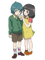  1boy aged_down biting black_hair blue_eyes blue_hair brown_eyes dress fa_yuiry female finger_biting finger_in_own_mouth gundam kamille_bidan lolicon short_hair shorts sweater ume-bayashi zeta_gundam 