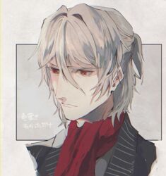  1boy antonio_salieri_(fate) antonio_salieri_(second_ascension)_(fate) ascot cheekbones commentary_request fate/grand_order fate_(series) formal grey_hair half_updo hinoe_(right-hnxx03) male_focus manly pinstripe_pattern pinstripe_suit portrait red_eyes scarf solo striped suit 