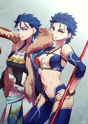  2girls bikini blue_hair breasts cape cleavage commentary_request cu_chulainn_(caster)_(fate) cu_chulainn_(fate) cu_chulainn_(fate/stay_night) cu_chulainn_(second_ascension)_(fate) dual_persona earrings fate/grand_order fate/stay_night fate_(series) fur-trimmed_cape fur_trim gae_bolg_(fate) genderswap_(mtf) hand_on_own_hip jewelry long_hair multiple_girls nishiyama_(whatsoy) official_alternate_costume polearm ponytail red_eyes rule_63 smile spear staff swimsuit thighhighs weapon 