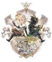  2boys alternis_dim armor black_armor black_legwear black_pants blonde_hair blue_eyes boots bravely_default:_fairy&#039;s_effect bravely_default:_flying_fairy bravely_default_(series) dark_knight full_armor helmet highres ikusy knee_boots knight multiple_boys official_art pants pompadour ringabel sitting smile 