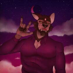  1:1 anthro blep canid canine canis clothed clothing cloud crescent_moon dress_shirt facial_hair gesture hand_gesture love male mammal moon olive_(olivepup_00) olivepup_00 open_clothing open_shirt open_topwear shirt sign_language sky solo stubble tongue tongue_out topwear wolf 