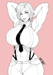  abs armpits arms_behind_head arms_up biceps breasts collarbone crop_top female large_breasts looking_at_viewer monochrome muscular muscular_female navel necktie obliques sleeveless smile solo stomach suspenders the_king_of_fighters thick_thighs thighs toguchi_masaya vanessa_(kof) 