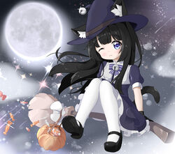  :3 absurdres animal_ear_fluff animal_ears basket bell black_dress black_footwear black_gloves black_hair black_hat blue_eyes broom broom_riding candy cat_ears cat_tail dress female flying food full_moon gloves halloween hat highres jingle_bell long_hair mao_xin&#039;ai mary_janes moon night night_sky one_eye_closed original outdoors pantyhose ribbon shoes short_sleeves sidesaddle sitting sky smile solo star_(sky) starry_sky tail white_pantyhose witch_hat 