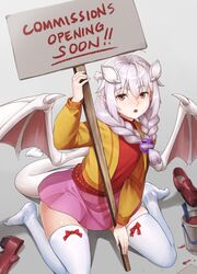  :o ahoge bow_legwear braid brown_eyes commentary demon_girl demon_horns demon_tail demon_wings english_commentary english_text female grey_background hair_between_eyes holding holding_sign horns jacket lilim_(monster_girl_encyclopedia) long_hair long_sleeves looking_at_viewer maritan_(pixelmaritan) monster_girl_encyclopedia open_mouth orange_jacket original paint_can pink_skirt pointy_ears red_footwear red_shirt runa_(maritan) shirt shoes sign simple_background sitting skirt solo tail thighhighs twin_braids unworn_shoes wariza white_hair white_thighhighs wings zettai_ryouiki 