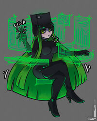  black_bodysuit black_hat black_sclera bodysuit breasts colored_sclera female full_body green_eyes green_hair grey_background hat high_heels highres hologram lips loen long_hair looking_at_viewer original personification simple_background sitting solo sound_effects thighhighs typing very_long_hair xbox_series_x xbox_series_x_(personification) 