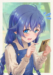  beige_sweater blue_eyes blue_hair blue_overalls blue_pants blush braid canvas_(medium) cellphone crossed_bangs embarrassed female flying_sweatdrops highres holding holding_phone honba_misaki long_hair looking_at_viewer mushoku_tensei nail_polish open_mouth outdoors overalls pants phone pink_nails roxy_migurdia smartphone solo sweatdrop sweater tearing_up turtleneck turtleneck_sweater twin_braids upper_body 