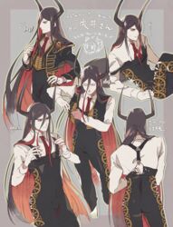  1boy black_hair commentary_request cropped_jacket highres hinoe_(right-hnxx03) horns juuni_taisen kashii_eiji long_hair male_focus matador multicolored_hair multiple_views necktie partially_undressed red_hair reference_sheet spanish_text suspenders two-tone_hair 