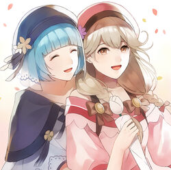  2girls aym_(ash3ash3ash) bad_id bad_twitter_id blue_hair bow braid brown_eyes brown_hair closed_eyes commentary_request faye_(fire_emblem) faye_(valentine)_(fire_emblem) fire_emblem fire_emblem_echoes:_shadows_of_valentia fire_emblem_heroes flower hairbow hat long_hair low-braided_long_hair low-tied_long_hair multiple_girls open_mouth petals short_hair silque_(fire_emblem) silque_(valentine)_(fire_emblem) simple_background twin_braids upper_body 