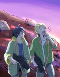  2boys ahoge black_hair blonde_hair closed_eyes gun gundam gundam_tekketsu_no_orphans holding holding_gun holding_weapon jacket mikazuki_augus multiple_boys open_mouth short_hair takaki_uno ume-bayashi weapon yawning 