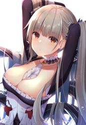  absurdres arms_behind_head azur_lane between_breasts blunt_bangs breasts cleavage collarbone commentary female formidable_(azur_lane) grey_hair highres large_breasts long_hair looking_at_viewer red_eyes simple_background solo twintails white_background yuteke_key 