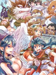  2girls armor ass blonde_hair blue_eyes breasts breath_of_fire breath_of_fire_i builder_(breath_of_fire) character_request cleavage danc deis gilliam_(breath_of_fire_i) hamamuraacca highres large_breasts long_hair looking_at_viewer manillo medium_hair mogu_(breath_of_fire) multiple_boys multiple_girls nail_polish nina_(breath_of_fire_i) open_mouth ryuu_(breath_of_fire_i) short_hair smile 