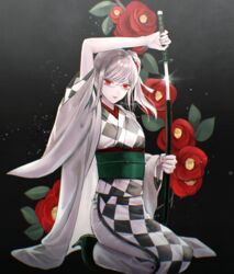  arm_up braid checkered_clothes checkered_kimono danganronpa_(series) danganronpa_2:_goodbye_despair female flower glasses gradient_background grey_hair hair_flower hair_ornament hair_ribbon high_heels holding holding_sword holding_weapon japanese_clothes katana kimono long_hair long_sleeves looking_at_viewer pale_skin pekoyama_peko red_eyes red_flower ribbon sakuyu sash school_uniform sheath shoes solo sword twin_braids twitter_username unsheathing weapon white_ribbon wide_sleeves 