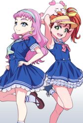  2girls :d animal_on_head bare_legs blue_dress blue_eyes blue_hairband bow brown_hair closed_mouth dress earrings gradient_background green_eyes grey_background hairband hairbow jewelry kururun_(precure) laura_la_mer layered_dress long_hair looking_at_viewer multiple_girls natsuumi_manatsu on_head pink_hair precure ring sailor_collar sailor_dress shell shell_earrings short_dress short_sleeves side_ponytail skirt_hold sleeveless sleeveless_dress smile socks standing standing_on_one_leg tropical-rouge!_precure uganda_(ugandam_00) visor_cap white_background white_legwear white_sailor_collar yellow_bow 