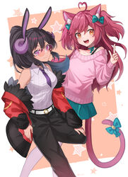  2girls :d ahoge animal_ears bare_shoulders black_hair black_pants blue_bow blue_skirt bow breasts brown_background cat_ears cat_girl cat_tail closed_mouth collared_shirt commentary_request commission curled_horns hair_between_eyes hairbow heart heart_ahoge highres horns index_finger_raised jacket kgr long_hair long_sleeves medium_breasts multiple_girls off_shoulder open_clothes open_jacket original pants pantyhose pink-tinted_eyewear pink_sweater pixiv_commission pleated_skirt ponytail puffy_long_sleeves puffy_sleeves purple_eyes red_hair red_jacket ribbed_shirt round_eyewear shirt skirt sleeveless sleeveless_shirt sleeves_past_wrists smile starry_background sunglasses sweater tail tail_bow tail_ornament tinted_eyewear two-tone_background two_side_up v-shaped_eyebrows very_long_hair white-framed_eyewear white_background white_pantyhose white_shirt 