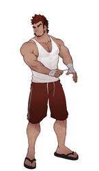  1boy bandaged_hand bandages bara bare_shoulders beard bulge covered_abs dark-skinned_male dark_skin facial_hair full_body highres leg_hair long_sideburns male_focus mature_male muscular muscular_male orange_hair original pectoral_cleavage pectorals red_shorts sandals selkiro short_hair shorts sideburns sidepec smile solo stubble tank_top white_tank_top 