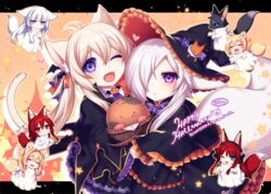  6+girls ;d aika_(konshin) animal_ears blonde_hair blue_eyes blush cat_ears cat_tail closed_eyes dated fox_ears fox_tail hair_between_eyes hair_over_one_eye halloween happy_halloween haruaki_(konshin) hat inaho_(konshin) itsuka_(konshin) kitsune kiu_(konshin) konshin long_hair looking_at_viewer mini_person minigirl multiple_girls one_eye_closed open_mouth opera_the_vermelho original protagonist_(pso2) purple_eyes red_eyes red_hair short_hair smile tail white_hair witch_hat zero_(konshin) 