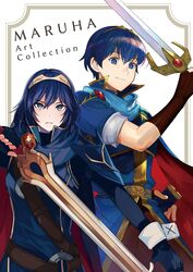  1boy ancestor_and_descendant blue_eyes blue_hair brown_gloves cape closed_mouth commentary_request falchion_(fire_emblem) female fingerless_gloves fire_emblem fire_emblem:_mystery_of_the_emblem fire_emblem_awakening gloves highres holding holding_sword holding_weapon kazuha_(kazuha1003) kyufe long_hair lucina_(fire_emblem) marth_(fire_emblem) short_hair short_sleeves sword tiara upper_body weapon 