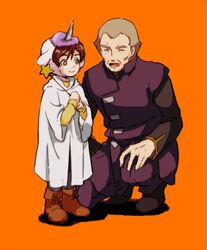  2boys aged_down banagher_links boots brown_eyes brown_hair cardeas_vist closed_eyes father_and_son gundam gundam_unicorn halloween halloween_costume lolicon multiple_boys old old_man short_hair smile ume-bayashi unicorn unicorn_boy wand 