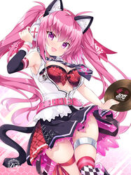  :d animal_ear_fluff animal_ears argyle_clothes argyle_legwear bare_shoulders beatmania_iidx belt belt_buckle black_skirt bra breasts buckle cat_ears cat_girl cat_tail cleavage collared_shirt commentary_request dress_shirt female hair_between_eyes hand_up headphones highres hinata_momo holding honeycomb_(pattern) honeycomb_background long_hair looking_at_viewer medium_breasts mizushiro_celica open_clothes open_shirt pink_belt pink_hair purple_eyes record red_bra shirt skindentation skirt sleeveless sleeveless_shirt smile solo tail thigh_strap thighhighs twintails underwear very_long_hair white_background white_shirt 