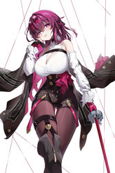  absurdres bare_shoulders black_footwear black_shorts boots breasts cleavage cleavage_cutout clothing_cutout eyewear_on_head feet_out_of_frame female freeeeeeeeeee gloves head_tilt high-waist_shorts highres holding holding_sword holding_weapon honkai:_star_rail honkai_(series) kafka_(honkai:_star_rail) large_breasts long_hair long_sleeves looking_at_viewer pantyhose pantyhose_under_shorts parted_lips purple_eyes purple_gloves purple_hair shirt short_shorts shorts simple_background smile solo standing sunglasses sword thigh_boots thigh_strap thighs weapon white_background white_shirt 