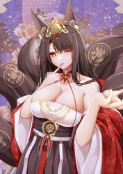  akagi_(azur_lane) akagi_(dawn_phoenix&#039;s_summons)_(azur_lane) animal_ear_fluff animal_ears azur_lane bare_shoulders black_sash breasts brown_dress brown_hair brown_tail chinese_clothes cleavage commentary_request dress female finger_to_mouth fox_ears hair_ornament hanfu highres huge_breasts kitsune kyuubi long_hair momijizuki_luna multiple_tails nail_polish official_alternate_costume one_eye_closed open_clothes orange_eyes red_nails sash skindentation solo tail tail_ornament wide_sleeves 