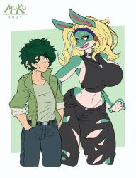  anon_(snoot_game) anthro blonde_hair bottomwear canid canine cavemanon_studios choker clothed clothing cosplay crossover duo fang_(gvh) female fox goodbye_volcano_high green_body green_hair hair hi_res human ippan_josei izuku_midoriya jacket jewelry male mammal moko_(artist) my_hero_academia navel necklace pants quirked_human_(my_hero_academia) simple_background size_difference snoot_game topwear torn_bottomwear torn_clothing torn_pants white_background 