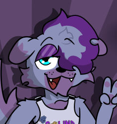  anthro blue_eyes bust_portrait clothed clothing fangs floppy_ears fur gesture hair half-closed_eyes hand_gesture male narrowed_eyes one_eye_obstructed open_mouth open_smile portrait purple_body purple_fur purple_hair shirt smile solo subway_footlong tank_top teeth tongue topwear v_sign 