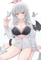  absurdres alternate_costume bare_legs barefoot black_bra blue_archive bra braid breasts bug butterfly closed_mouth demon_girl demon_tail demon_wings female floral_print grey_hair hair_between_eyes halo haruna_(blue_archive) highres holding_butterfly kirin_(kirin1023) large_breasts long_hair looking_at_viewer no_pants open_clothes open_shirt red_eyes red_halo rose_print seiza shirt simple_background single_braid sitting solo tail underwear white_background white_shirt wings 