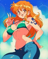  bare_arms bare_shoulders bikini bikini_top_only blue_pants blue_sky blush breasts brown_eyes cleavage cloud cloudy_sky cowboy_shot denim earrings english_commentary female glint green_bikini halterneck hand_on_own_hip hand_up highres jeans jewelry large_breasts long_hair looking_at_viewer midriff nami_(one_piece) narrow_waist navel one_piece open_mouth orange_hair outdoors pants pearl_earrings retro_artstyle shoulder_tattoo single_sidelock sky smile solo swimsuit tattoo teeth upper_teeth_only v vizaz wavy_hair 