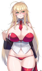  :o ahoge blonde_hair blush breasts cleavage detached_collar detached_sleeves female green_eyes hair_between_eyes hair_ornament highres huge_breasts jacket kutan leotard long_hair looking_at_viewer navel necktie open_mouth panties red_leotard red_necktie red_panties red_thighhighs sidelocks simple_background single_thighhigh solo standing thighhighs tsurumaki_maki underwear very_long_hair voiceroid white_background white_jacket 