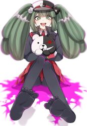  :d black_hat black_pantyhose blood collared_shirt cosplay danganronpa_(series) danganronpa_another_episode:_ultra_despair_girls enoshima_junko enoshima_junko_(cosplay) female green_eyes green_hair hairband hat impossible_clothes long_hair makasasakama miniskirt monokuma necktie no_shoes pantyhose peaked_cap pink_blood red_necktie red_skirt ribbon shirt skirt smile stuffed_animal stuffed_toy teddy_bear towa_monaca white_background white_hat 