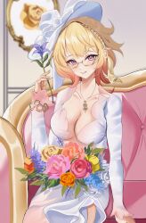  absurdres alternate_breast_size blonde_hair bouquet breasts cleavage collarbone couch cowboy_shot dress emilie_(genshin_impact) emilie_(guerlain)_(genshin_impact) female fingernails flower genshin_impact glasses hand_up hashtag-only_commentary hat highres holding holding_flower jewelry large_breasts light_blush long_fingernails long_hair long_sleeves multicolored_hair official_alternate_costume on_couch orange_flower parted_lips pendant pink_eyes pink_flower purple_flower red_flower semi-rimless_eyewear sitting smile solo teeth white_dress white_hat y_osu yellow-framed_eyewear yellow_flower 