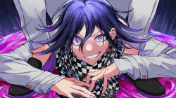  1boy arm_belt bakushou_(song) blood checkered_clothes checkered_scarf commentary crazy_eyes crazy_grin danganronpa_(series) danganronpa_v3:_killing_harmony flipped_hair hair_between_eyes highres long_sleeves looking_at_viewer male_focus oma_kokichi on_ground out_of_frame pants pink_blood purple_eyes purple_hair qiretsu ringed_eyes ripples scarf short_hair smile solo straitjacket teeth two-tone_scarf 