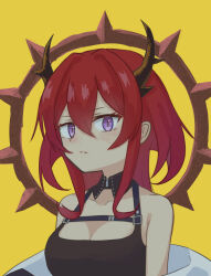  arknights bare_shoulders breasts brown_horns brown_shirt cleavage closed_mouth collarbone commentary_request female hair_between_eyes hair_intakes halo highres horns large_breasts looking_at_viewer medium_hair nito_haruichi off_shoulder official_alternate_costume purple_eyes red_hair shirt simple_background sleeveless solo spiked_halo surtr_(arknights) surtr_(liberte_echec)_(arknights) upper_body yellow_background 