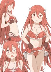  bikini blush breasts clothes_lift cordelia_(fire_emblem) cordelia_(summer)_(fire_emblem) female fingerless_gloves fire_emblem fire_emblem_awakening fire_emblem_heroes flat_chest frilled_bikini frills gloves kuhuku006f86 long_hair official_alternate_costume open_mouth red_bikini red_eyes red_hair skirt skirt_lift small_breasts surprised swimsuit wide-eyed wing_hair_ornament 