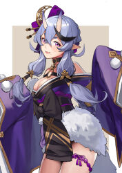  767_(pixiv973307689) absurdres breasts female hair_ornament hair_tubes highres horns japanese_clothes kimono looking_at_viewer medium_breasts mole mole_on_thigh mole_under_mouth nijisanji oerba_yun_fang oni pointy_ears purple_eyes purple_hair rindou_mikoto simple_background skin-covered_horns solo standing thick_eyebrows virtual_youtuber white_background 