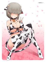  animal_collar animal_ears animal_print arm_under_breasts bare_shoulders bell bikini blush boots breasts brown_hair cleavage collar collarbone commission cow_ears cow_horns cow_print cow_print_bikini cow_print_gloves cow_print_thighhighs cow_tail cowbell elbow_gloves female fingerless_gloves front-tie_bikini_top front-tie_top gloves gradient_hair grey_footwear grin hair_over_eyes high_heels horns large_breasts long_bangs medium_hair micro_bikini multicolored_hair neck_bell petals print_bikini print_gloves print_thighhighs side-tie_bikini_bottom sidelocks sitting smile solo swimsuit tail thigh_boots thighhighs uzaki-chan_wa_asobitai! uzaki_yanagi v virus-g 