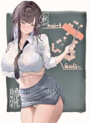  blue_bra bra bra_visible_through_clothes brown_hair chalkboard cropped_shirt female goddess_of_victory:_nikke highres loose_necktie marciana_(nikke) marciana_(school_days)_(nikke) navel necktie official_alternate_costume panties pencil_skirt pinjirooo see-through see-through_shirt shirt skirt sleeves_rolled_up solo underwear white_panties yellow_eyes 