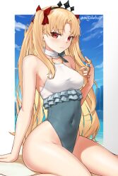  bare_shoulders beach blonde_hair blue_sky blush bow breasts covered_navel ereshkigal_(fate) fate/grand_order fate_(series) female grey_one-piece_swimsuit hairband hairbow highleg highleg_one-piece_swimsuit highres long_hair looking_at_viewer medium_breasts motokebo17 o-ring one-piece_swimsuit parted_bangs red_eyes sitting sky solo space_ereshkigal_(fate) space_ereshkigal_(first_ascension)_(fate) swimsuit thighs two-tone_swimsuit two_side_up white_one-piece_swimsuit 