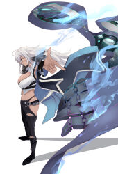  absurdres ahoge ass_cutout azur_lane black_footwear black_pants boots breasts cape clothing_cutout dark-skinned_female dark_skin female floating_cape floating_hair from_side full_body fur-trimmed_cape fur_trim hair_between_eyes highres indiana_(azur_lane) knee_boots large_breasts mecha midriff morigami_(morigami619) outstretched_arm pants robot shirt sleeveless sleeveless_shirt smile solo torn_clothes torn_pants white_shirt 