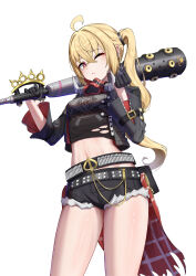  absurdres ahoge baseball_bat black_gloves black_jacket black_shirt black_shorts blonde_hair blush brass_knuckles breasts closed_mouth cowboy_shot cropped_jacket cropped_shirt cutoffs female finger_heart gloves half_gloves high_ponytail high_side_ponytail highres holding holding_baseball_bat jacket long_hair luciana_de_montefio metal_baseball_bat micro_shorts navel one_eye_closed open_clothes open_jacket over_shoulder red_eyes respirator shirt shorts side_ponytail simple_background small_breasts solo torn_clothes torn_shirt very_long_hair weapon weapon_over_shoulder white_background ying_ling zenless_zone_zero 