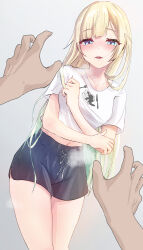  1boy absurdres aizawa_ema aizawa_ema_(4th_costume) black_shorts blonde_hair blush breath contrapposto female gradient_background gradient_hair green_hair hair_between_eyes hair_flaps hair_in_own_mouth heavy_breathing highres imminent_rape long_hair multicolored_hair naughty_face navel nose_blush print_shirt riku_ruto1 saliva shirt short_shorts shorts steaming_body sweat t-shirt thighs very_long_hair virtual_youtuber vspo! white_shirt 