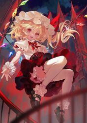  black_footwear blonde_hair bloomers bow bowtie buttons center_frills corset crystal dark_background fangs female flandre_scarlet frilled_sleeves frills from_below hair_between_eyes hat hat_bow highres long_hair mary_janes mob_cap multicolored_wings no_vest one_side_up open_mouth outdoors puffy_short_sleeves puffy_sleeves red_bow red_bowtie red_corset red_eyes red_ribbon red_skirt ribbon ribbon-trimmed_sleeves ribbon_trim ringo_no_usagi_(artist) shirt shoes short_sleeves skirt sleeve_ribbon smile socks solo teeth thighhighs touhou upper_teeth_only white_bloomers white_hat white_shirt white_socks white_thighhighs wings wrist_cuffs 